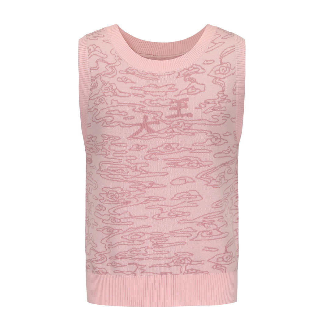 Jacquard sweater vest view: light pink sleeveless knit with ribbed bottom