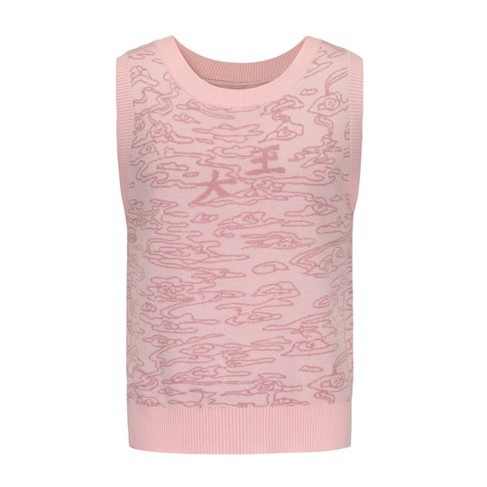 Jacquard sweater vest view: light pink sleeveless knit with ribbed bottom