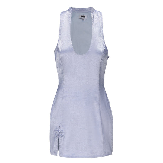 Periwinkle sleeveless brocade mini dress with scoop neckline