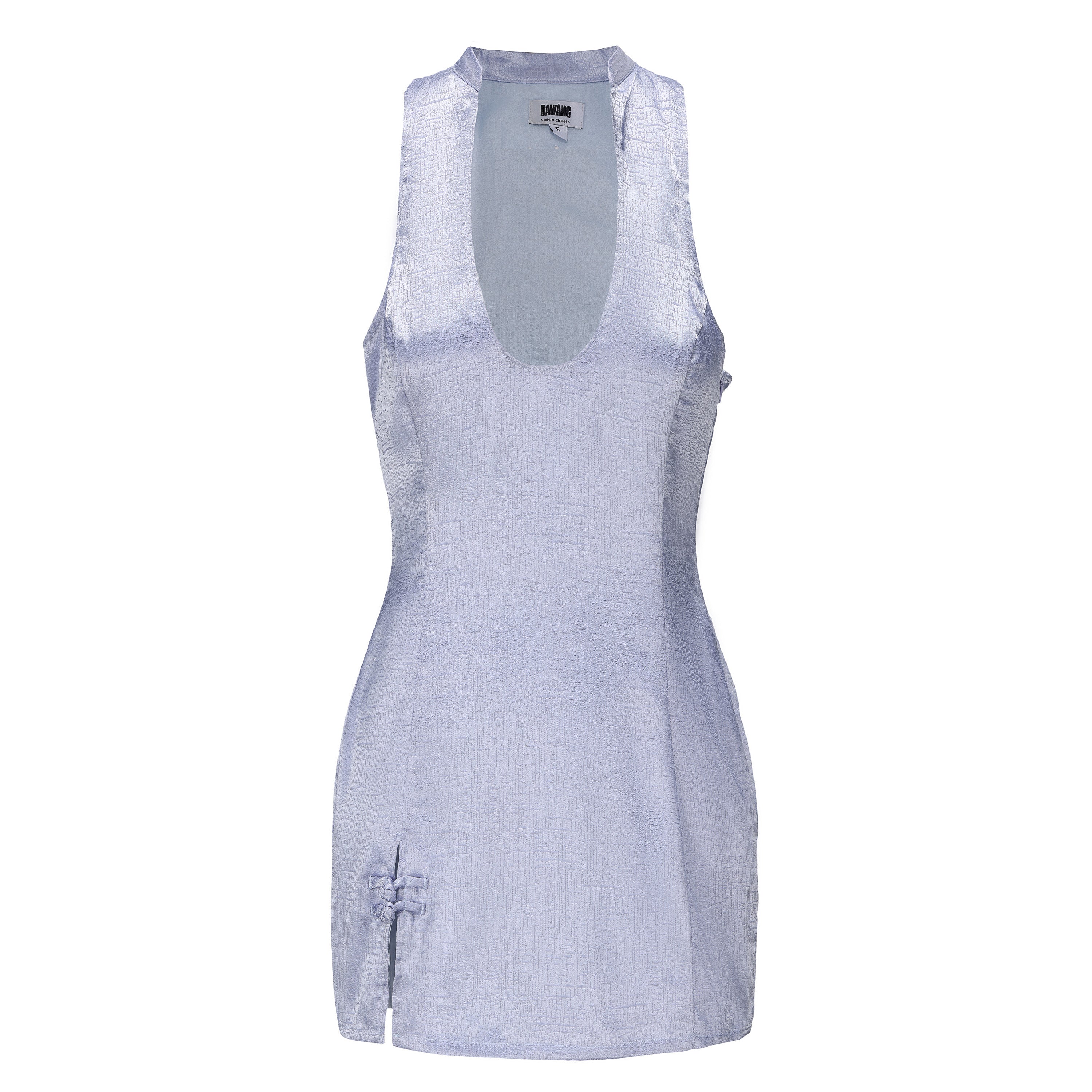 Periwinkle sleeveless brocade mini dress with scoop neckline
