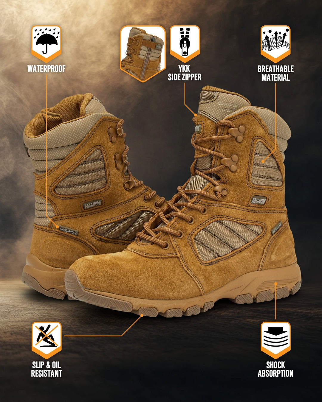 Coyote work boot with lace-up front and side zipper detail on padded upper
