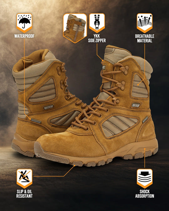 Coyote work boot with lace-up front and side zipper detail on padded upper