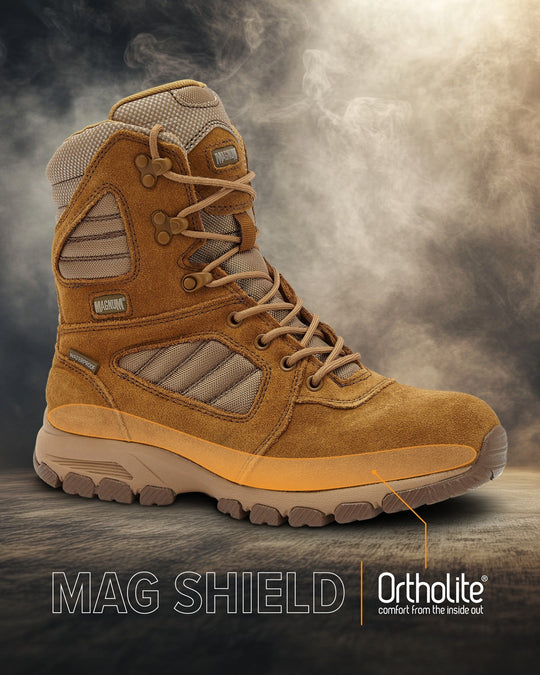 Coyote MAG SHIELD suede work boot with lace-up front and rugged tread sole