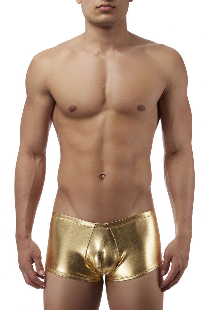 Gold men’s boxer briefs front view, metallic finish, elastic waistband