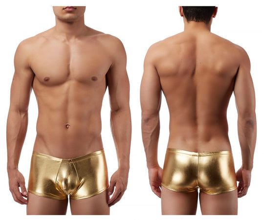 Gold men’s mini short boxer briefs with contoured pouch and center seam