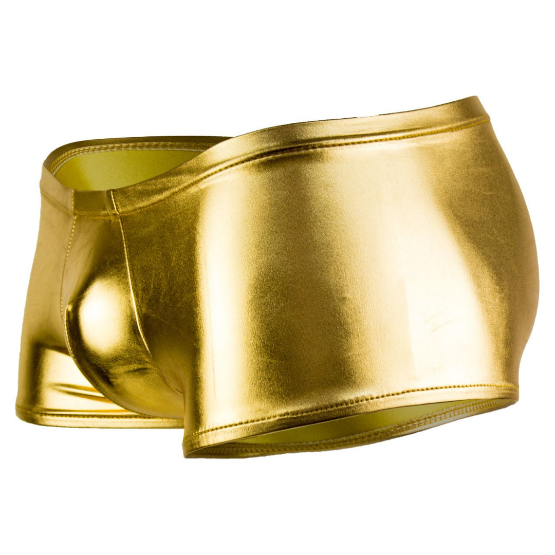 Gold men’s boxer briefs side profile, short length and metallic fabric