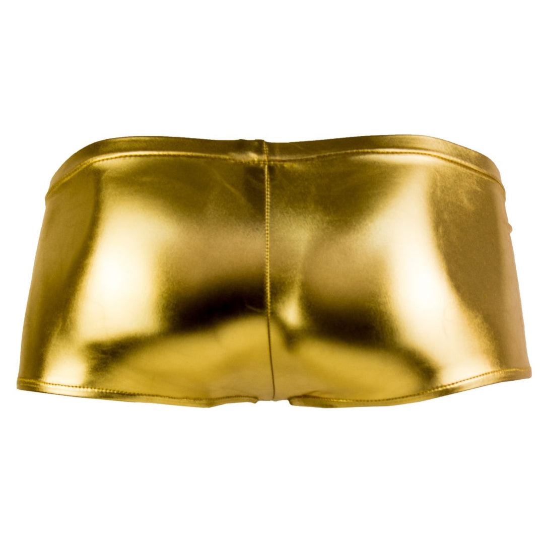 Gold men’s boxer briefs back view, metallic finish and stitched center seam