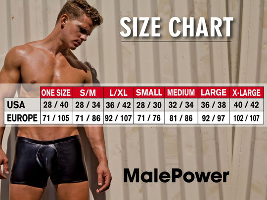 MalePower size chart graphic with model wearing dark mini boxer briefs.