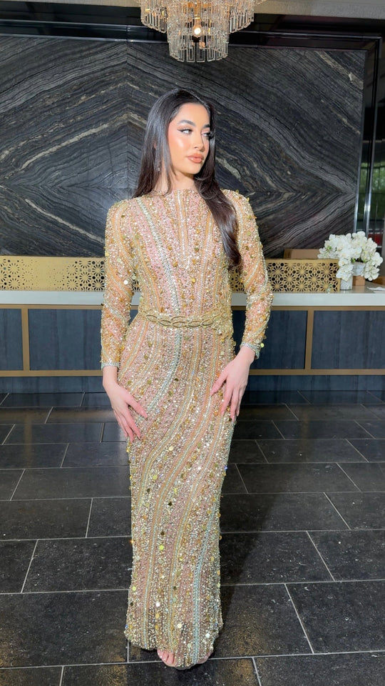 Mariam Long Sleeve Beaded Dress in Gold, long sleeves, fitted maxi with bead stripes.