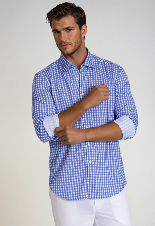 Blue gingham button-up dress shirt on model, front view, long sleeves