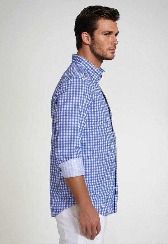 Blue gingham button-up dress shirt on model, side profile, long sleeves