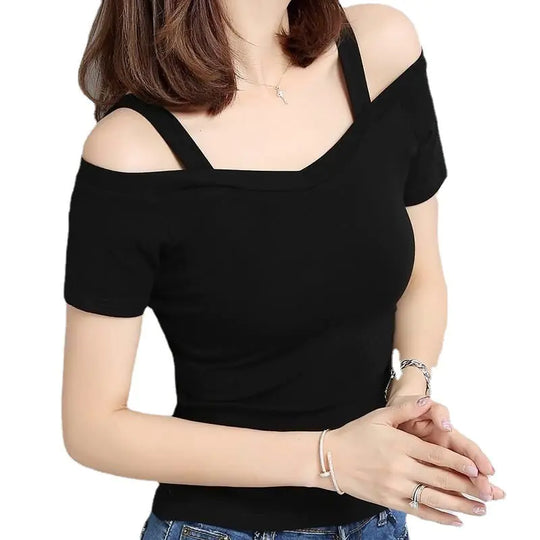 Black fitted off-shoulder T-shirt with short sleeves