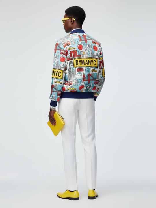 Bomber jacket back view with NYC print, large BYMANYC patch, blue waistband