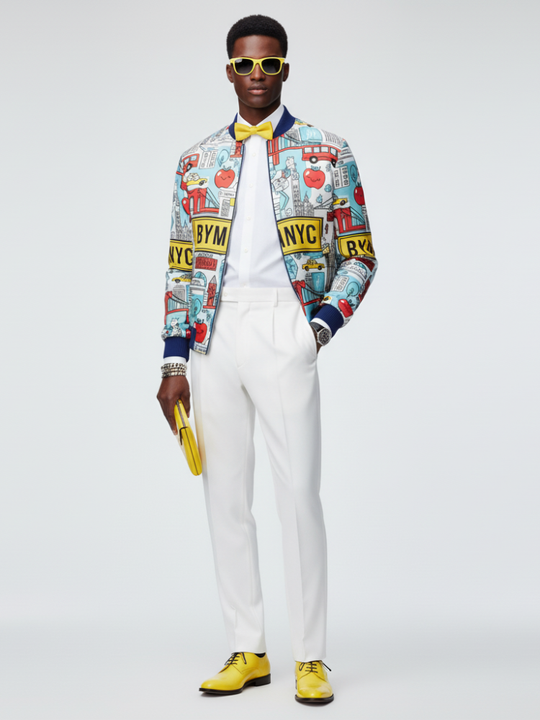 Greenwich bomber jacket front view, NYC print with zip front and blue trim