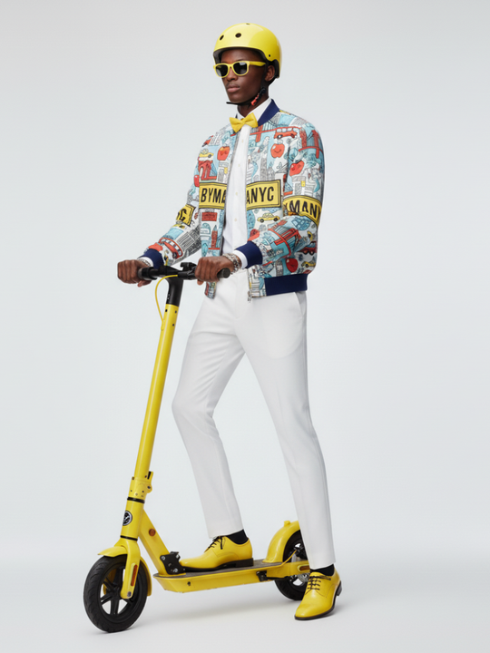 Bomber jacket with multi-color NYC print, white front panel, blue ribbed hem