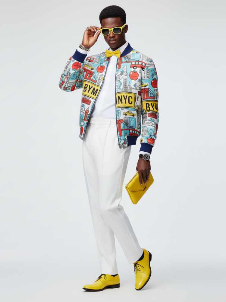 Greenwich bomber jacket with NYC street print, blue ribbed collar and cuffs