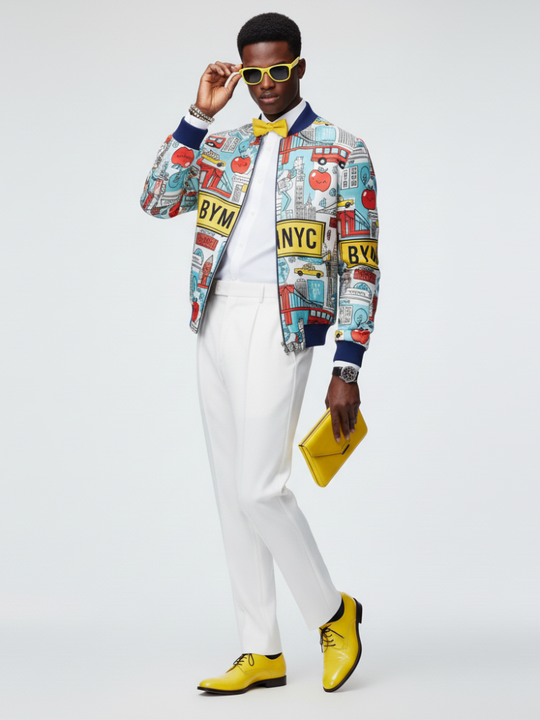 Greenwich bomber jacket with NYC street print, blue ribbed collar and cuffs