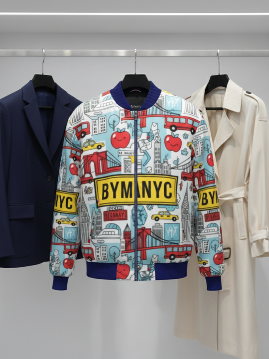 Hanging bomber jacket with NYC comic-style print, blue collar and cuffs