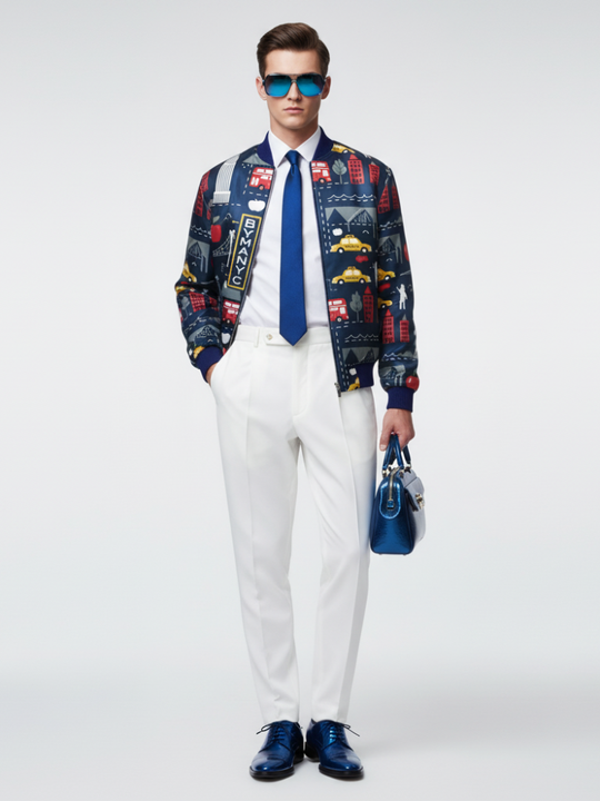 Men’s HARLEM bomber jacket Azul con cremallera frontal y estampado urbano multicolor