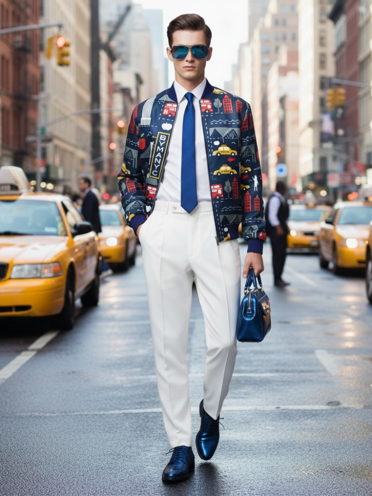 Men’s HARLEM bomber jacket Azul, vista frontal 3/4 con estampado de edificios y vehículos