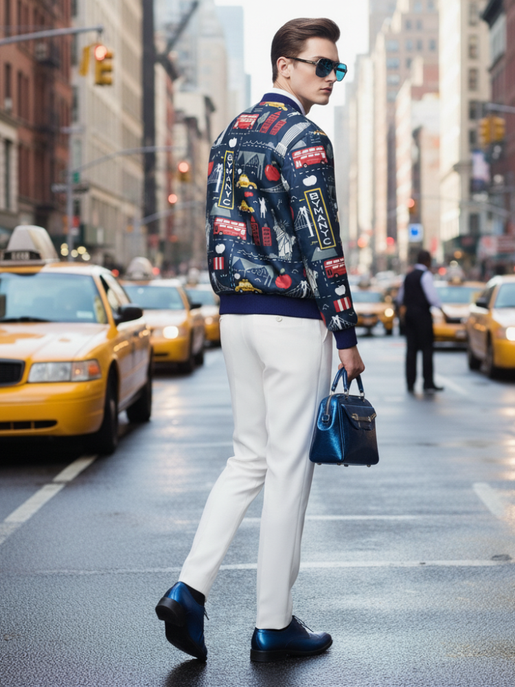 Men’s HARLEM bomber jacket Azul, vista lateral con puños elásticos y estampado NYC