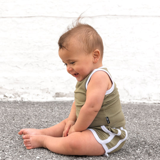 Bamboo rib track shorts set in sage: sleeveless top with white trim