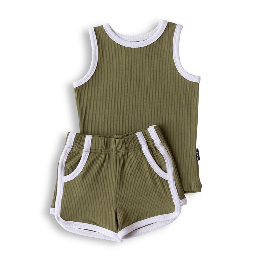 Sage bamboo rib tank top and shorts set with white contrast edging