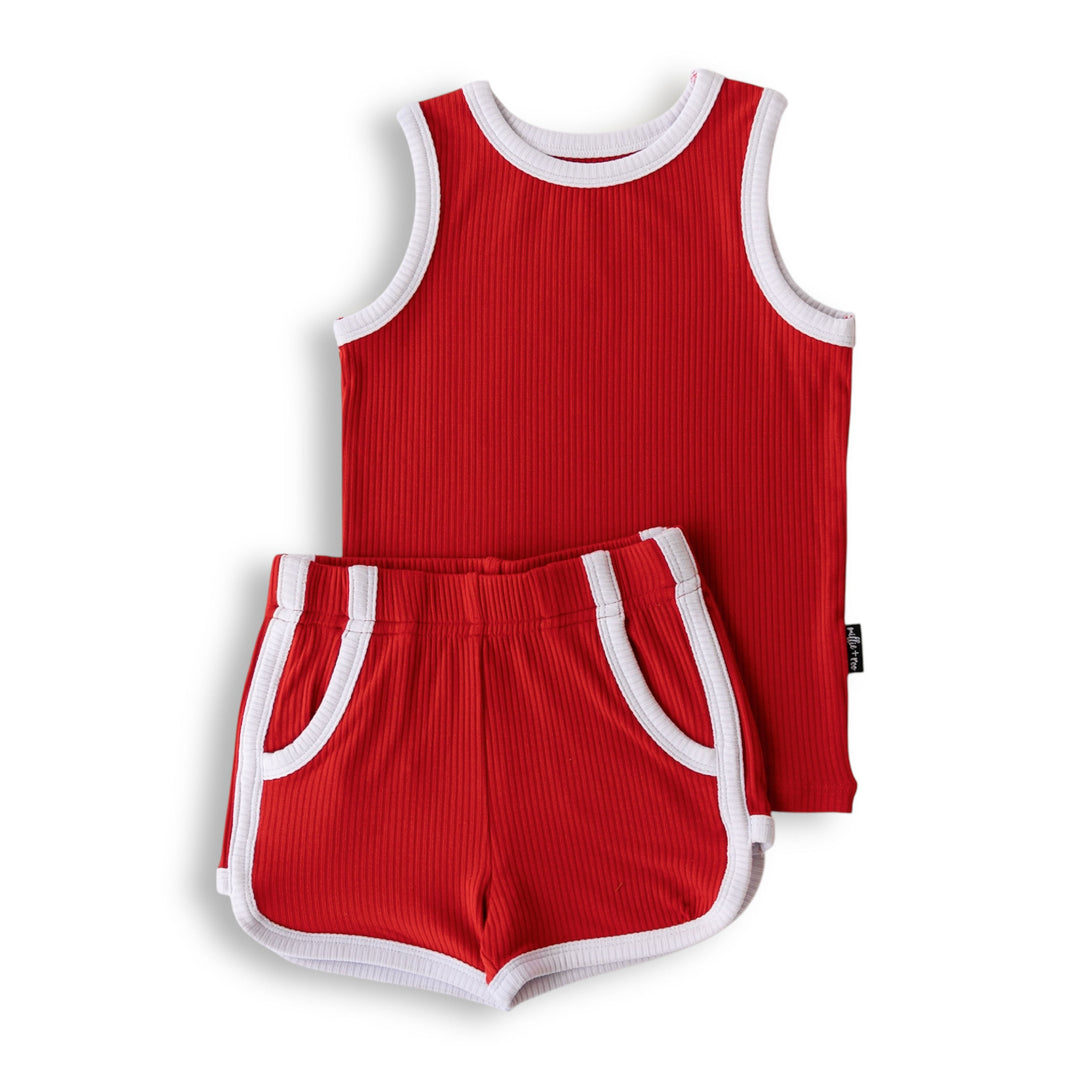 Red bamboo rib sleeveless set with white-trim tank and shorts, side stripe panels