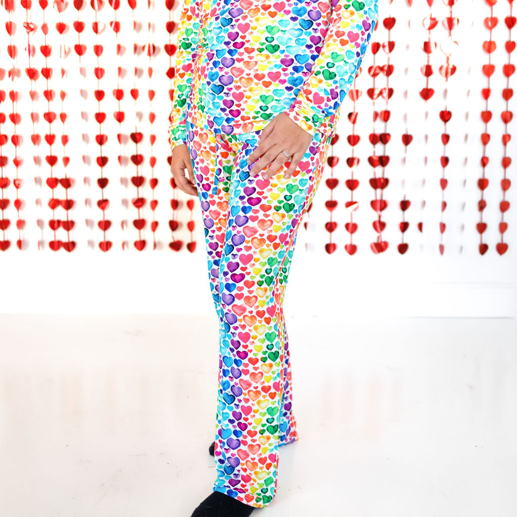 Women’s pajama pants with rainbow heart print, full-length leg