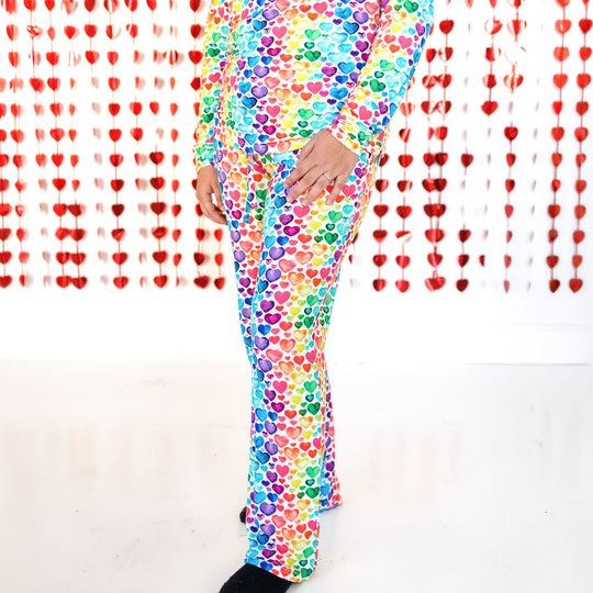 Women’s pajama pants with rainbow heart print, full-length leg