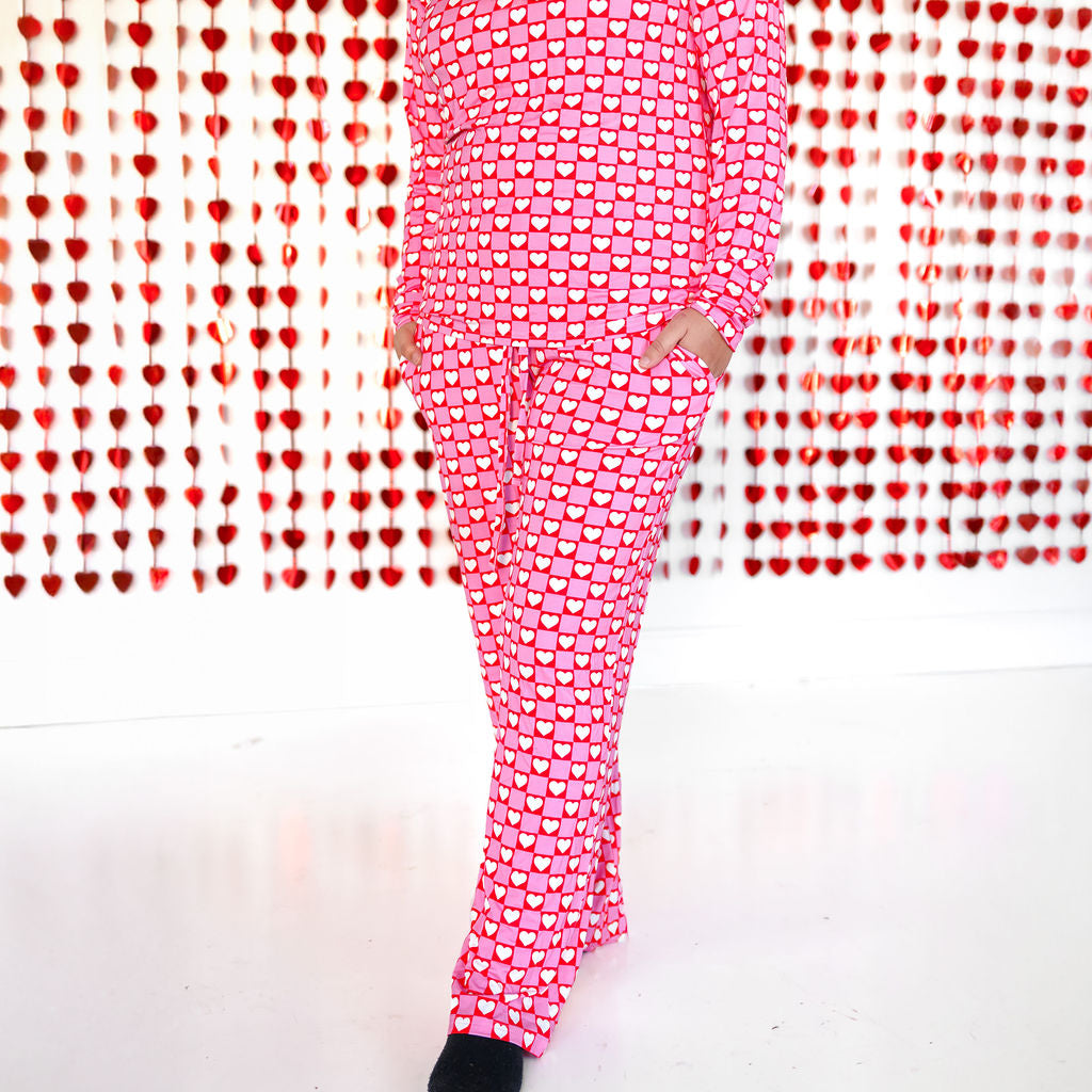 Red heart pajama set—matching top and pants, long sleeves and straight legs