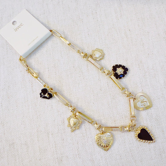 Gold-tone heart charm bracelet/anklet with black and gold heart pendants and extender