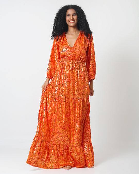 Morocco Dress orange V-neck maxi with gathered waist, tiered skirt, 3/4 long sleeves