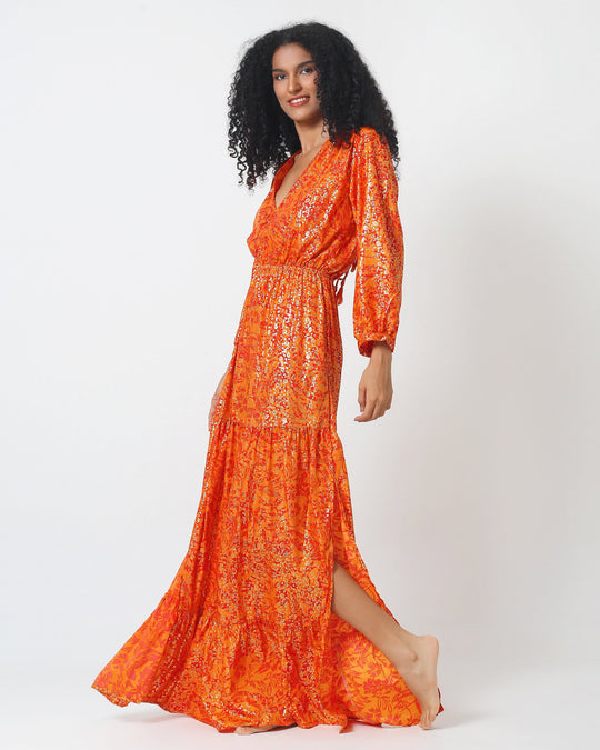 Morocco Dress, orange printed maxi dress with V-neck and long puff sleeves