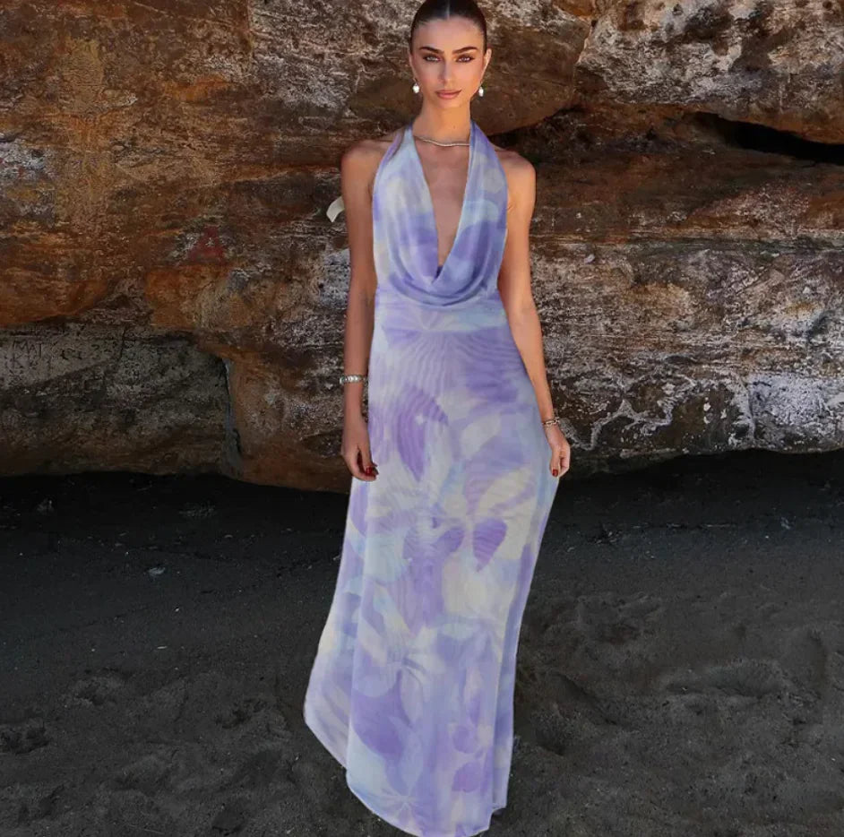 Halterneck Maxikleid, lila-weißes Batikmuster, langes Abendkleid