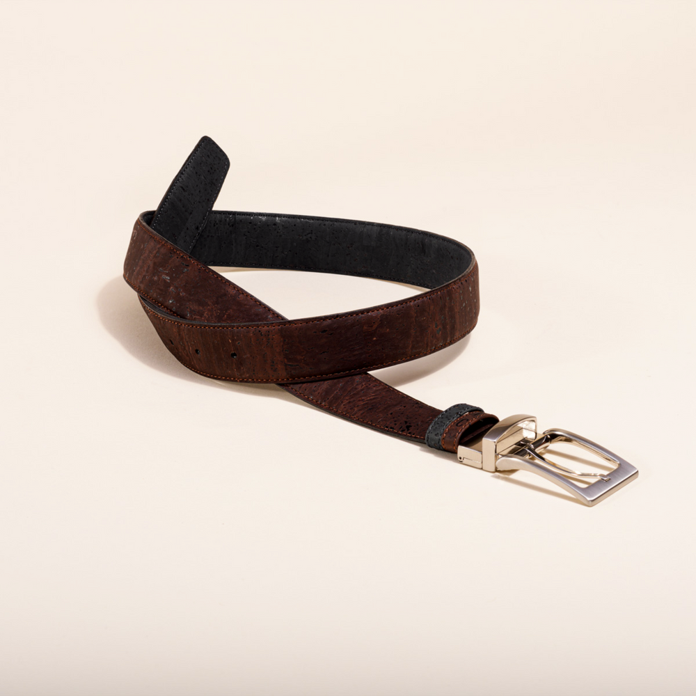 Reversible cork belt: brown leather front with black underside and silver buckle