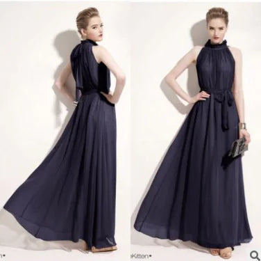 Bohemian Halter-Neck Maxikleid aus Chiffon, dunkelblau, figurbetont mit geraffter Taille