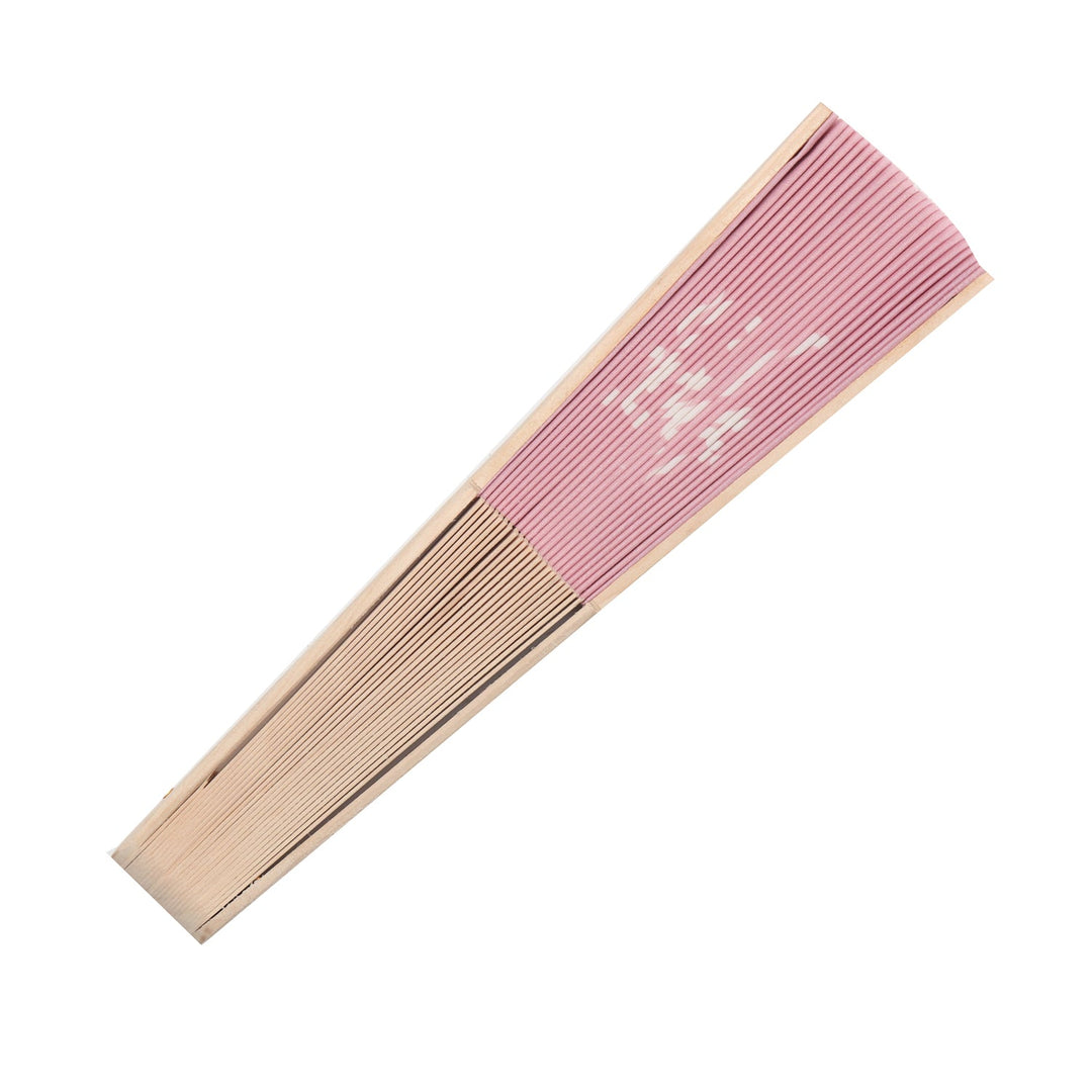 She Said Yes hand fan side view: pink pleated section over pale wood frame