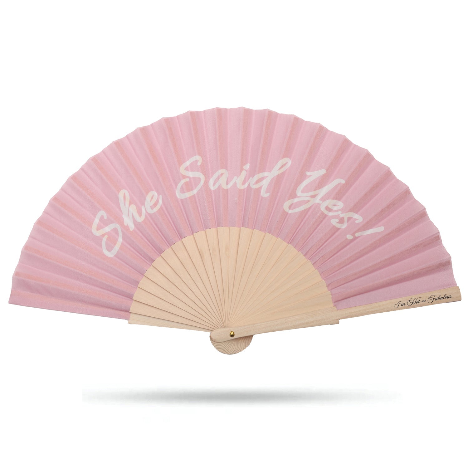 She Said Yes hand fan in pink, pleated fabric with wooden center and fan handle
