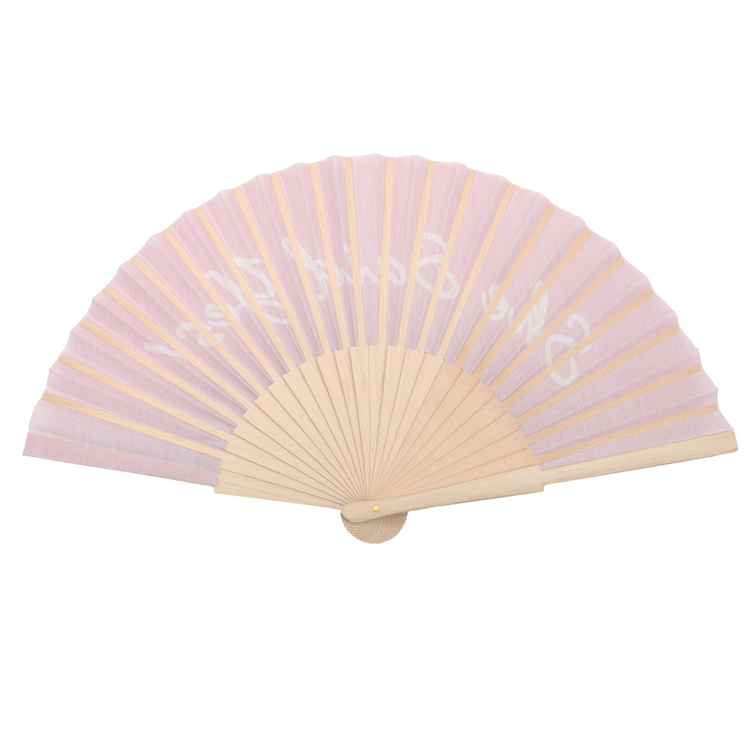 She Said Yes hand fan in pink with striped pleats, wooden base, and central knob