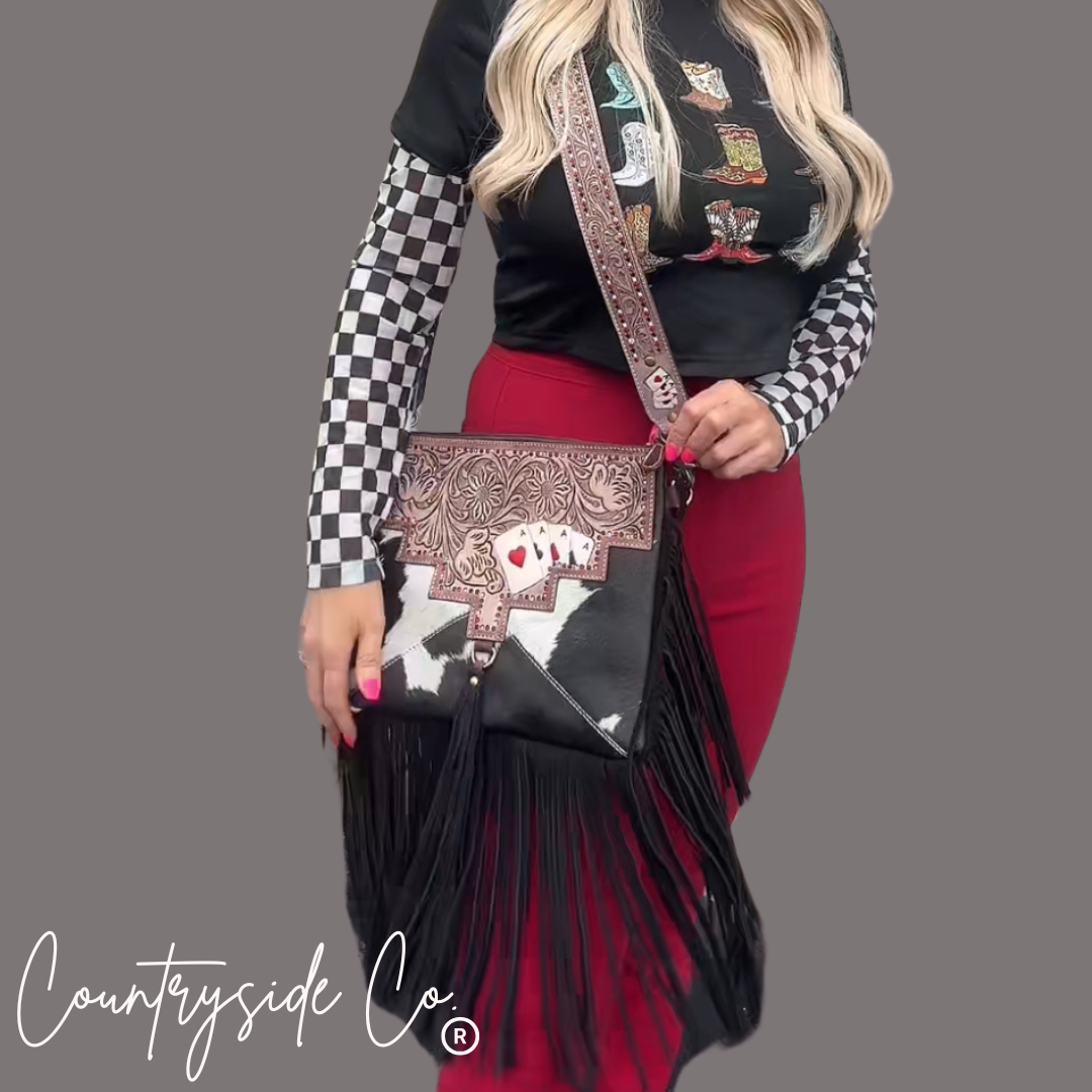 Cowhide gambler fringe purse with playing-card ace patch and long black fringe