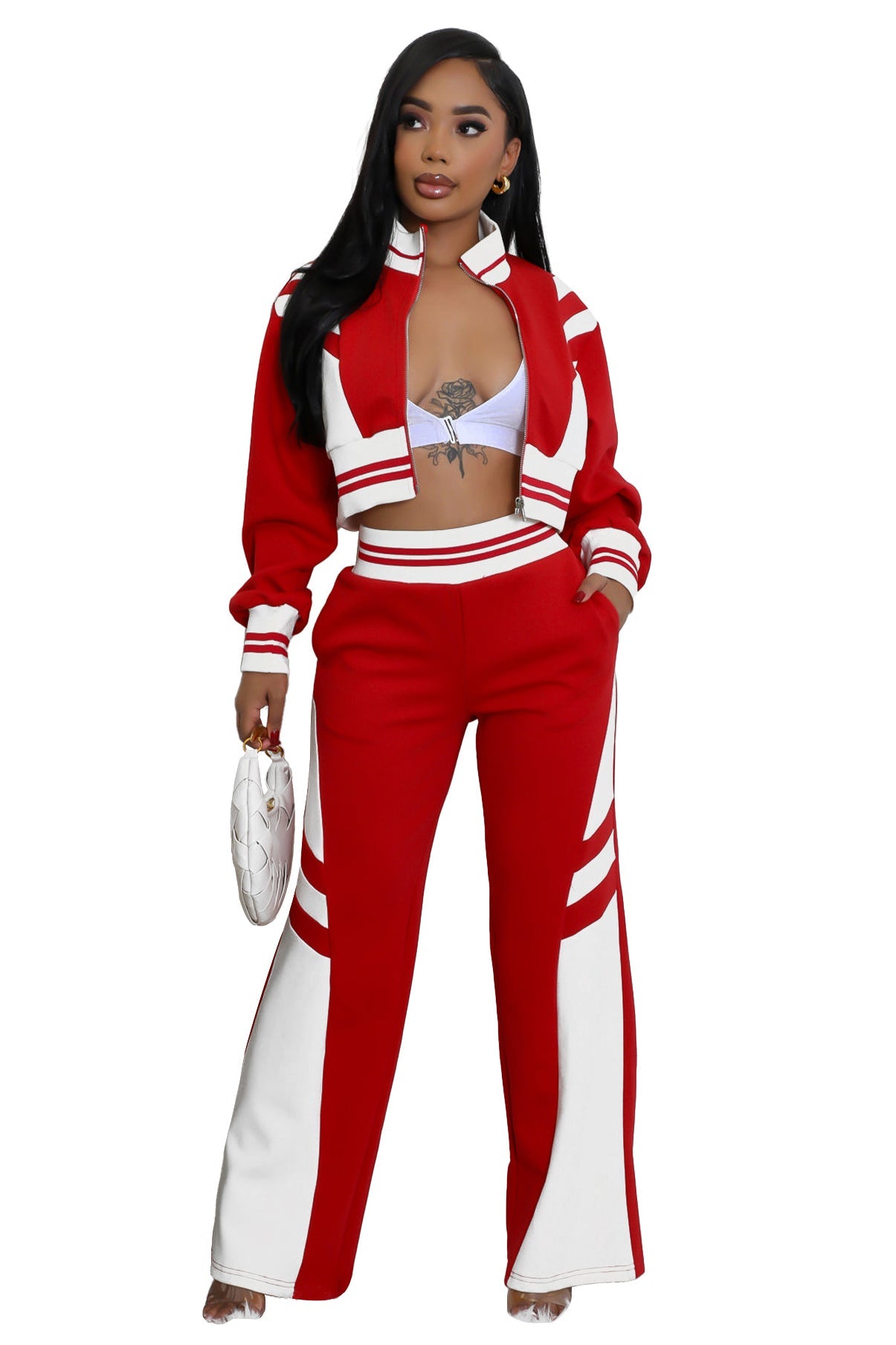 Red two-piece pant set with white-striped zip jacket and flared trousers