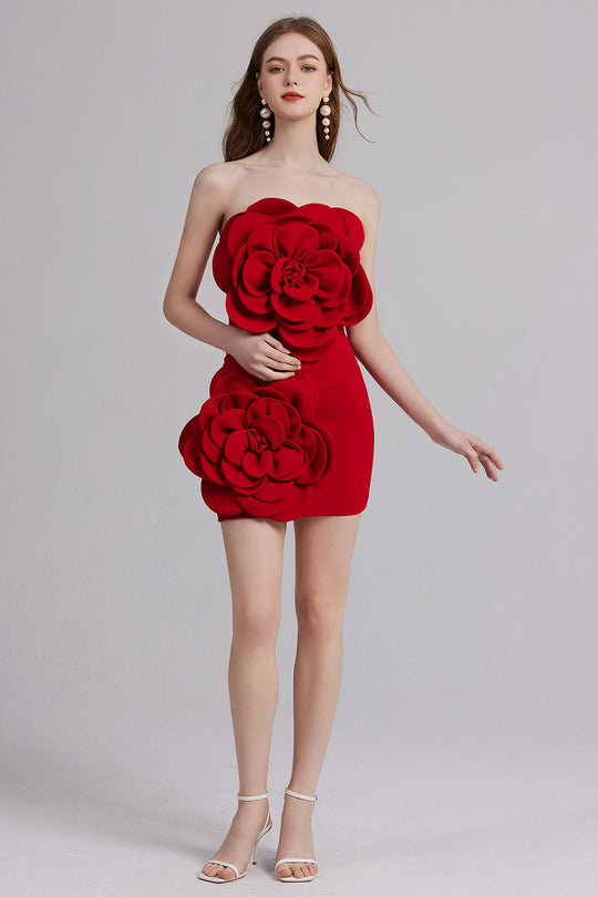 Red strapless mini dress with large rose appliqué at bust and waist