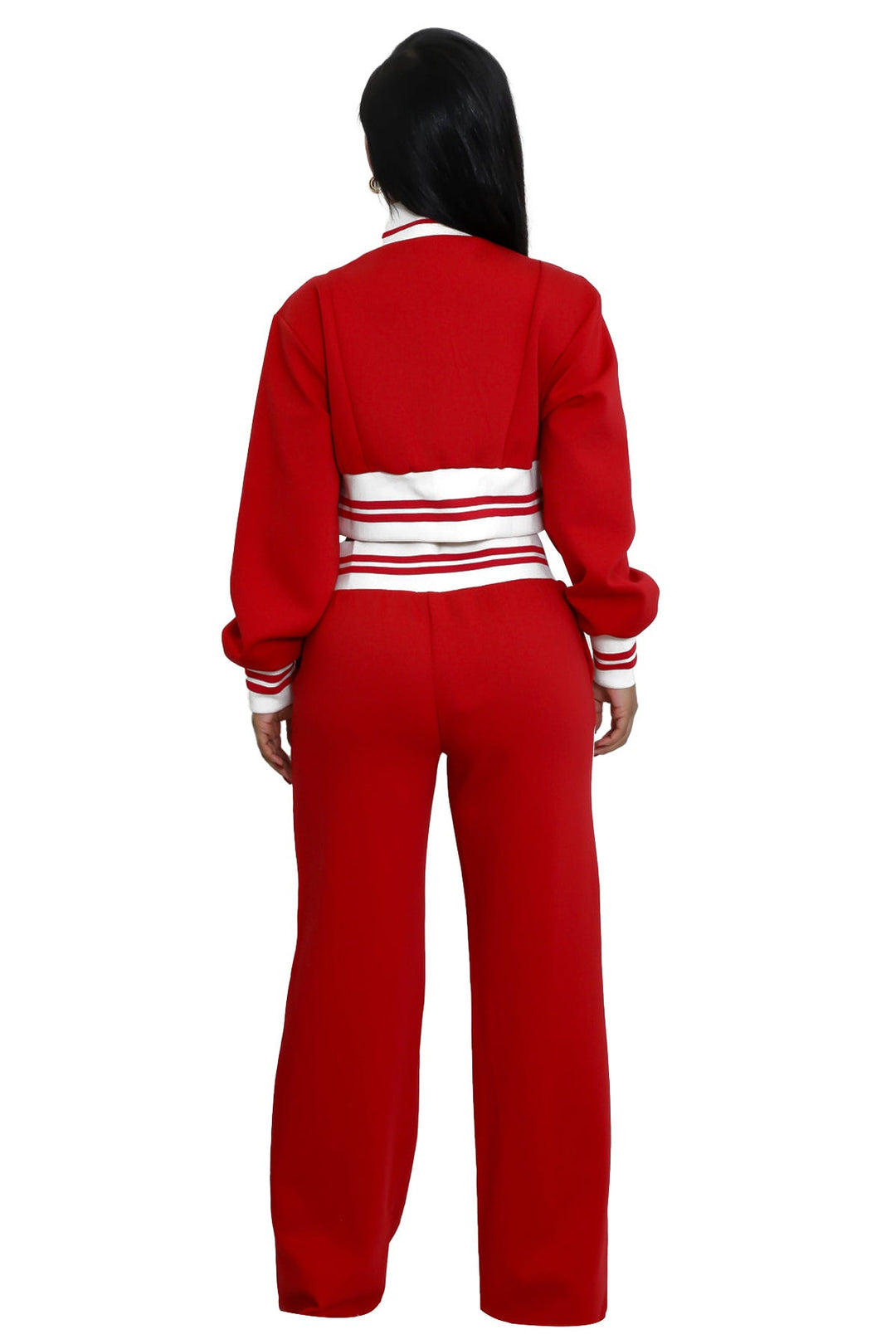 Back view of red matching jacket and wide-leg pants with white ribbed stripes