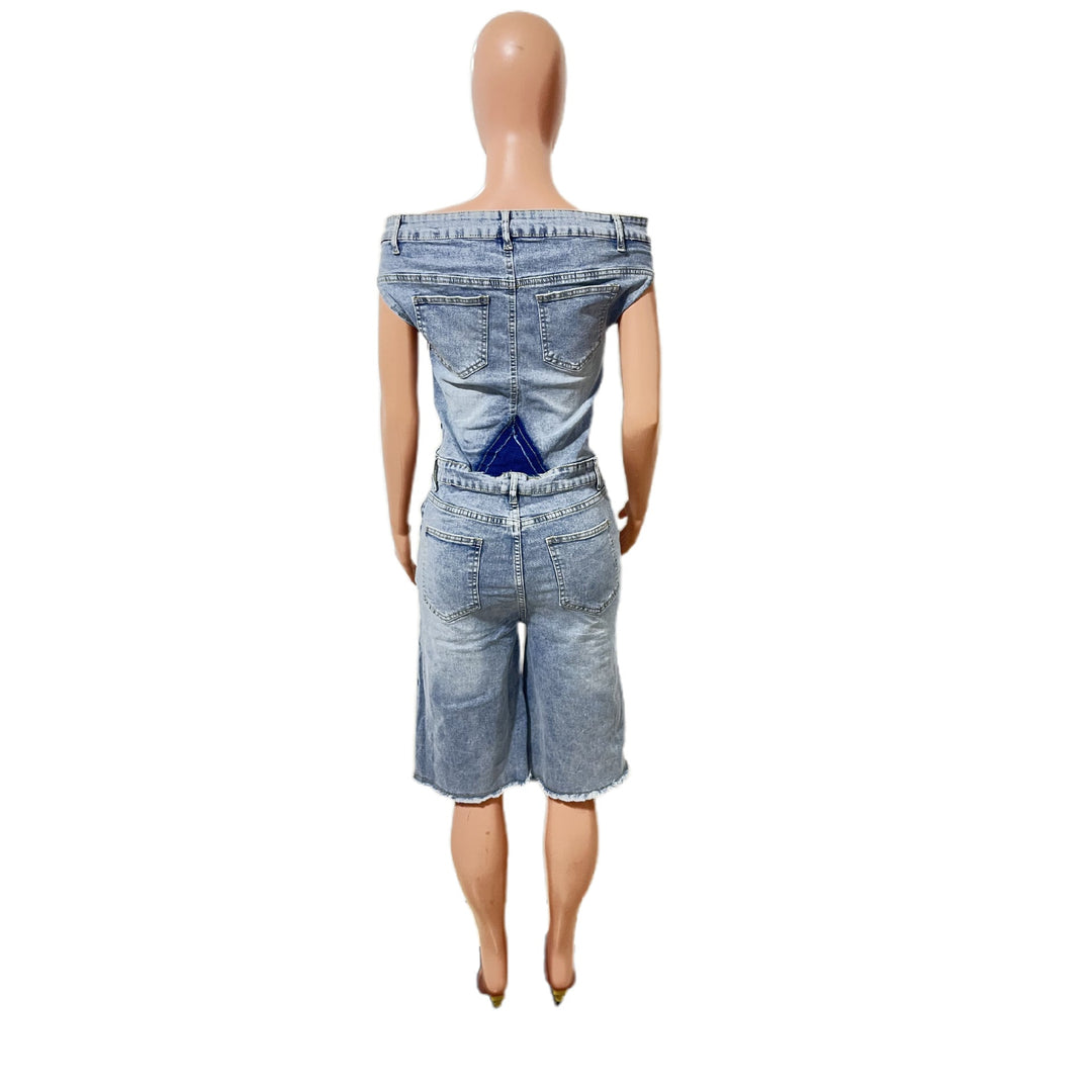 Denim romper back view on mannequin, mid-calf length and frayed hems