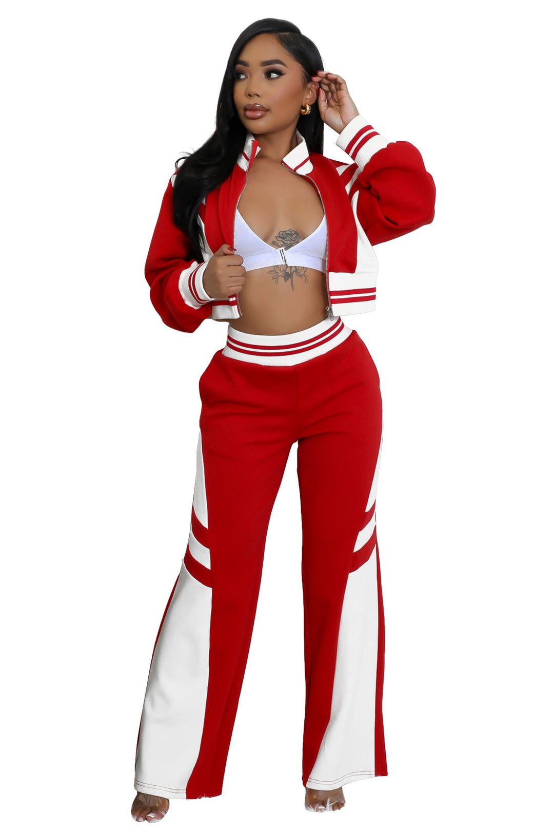 Red jacket and wide-leg pants set with white sleeve bands and waist stripe