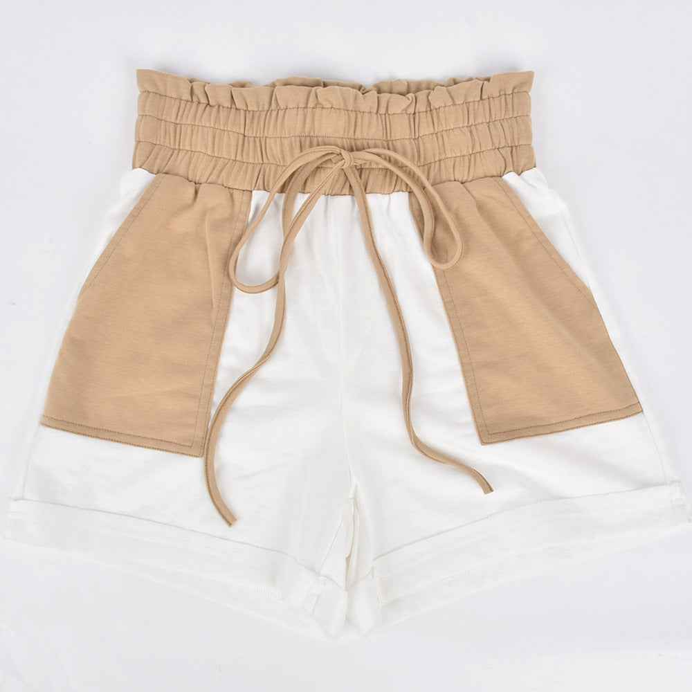 Beige-and-white shorts, elastic waist with drawstring and contrast color blocks