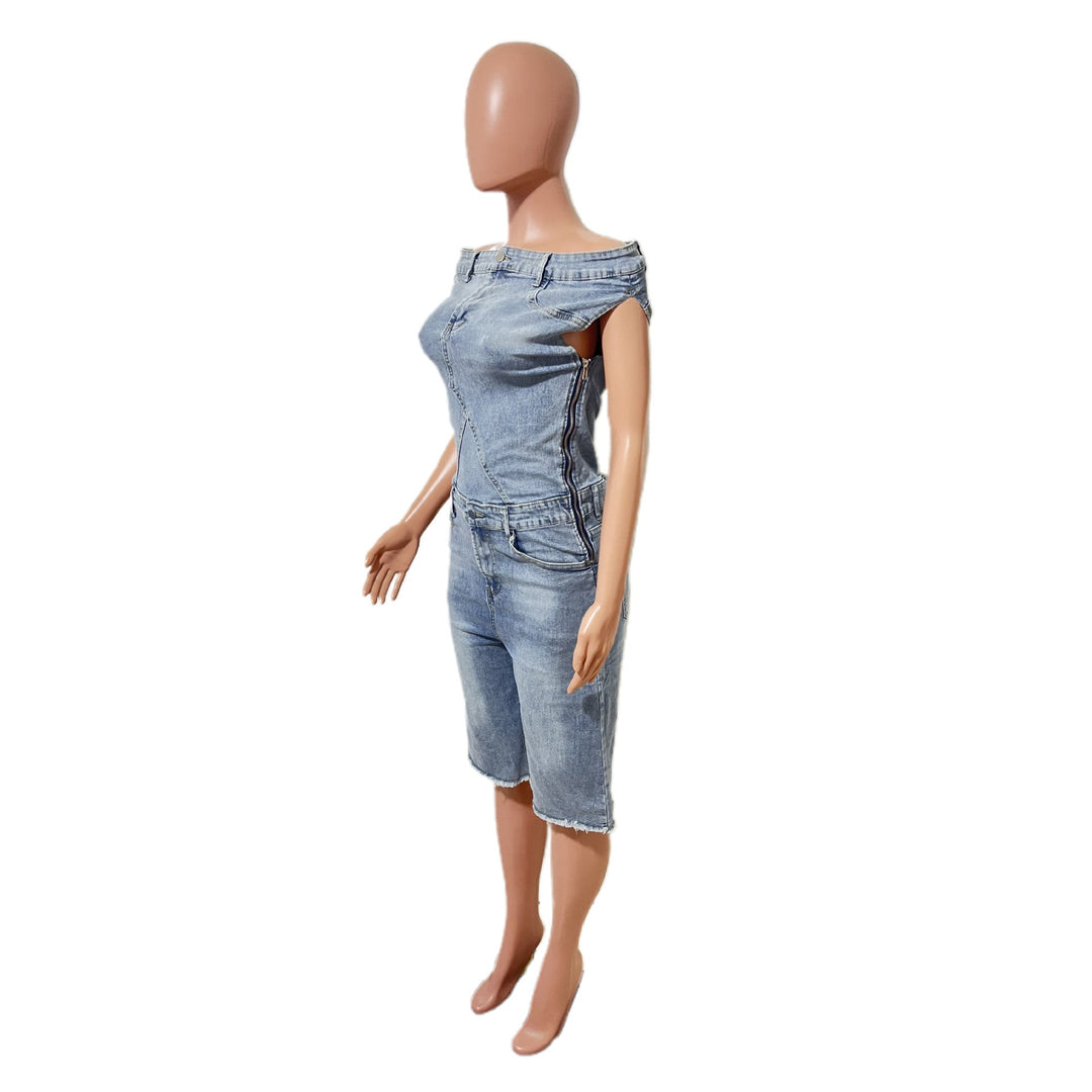 Light blue denim romper with off-shoulder back cut and side seam stitching