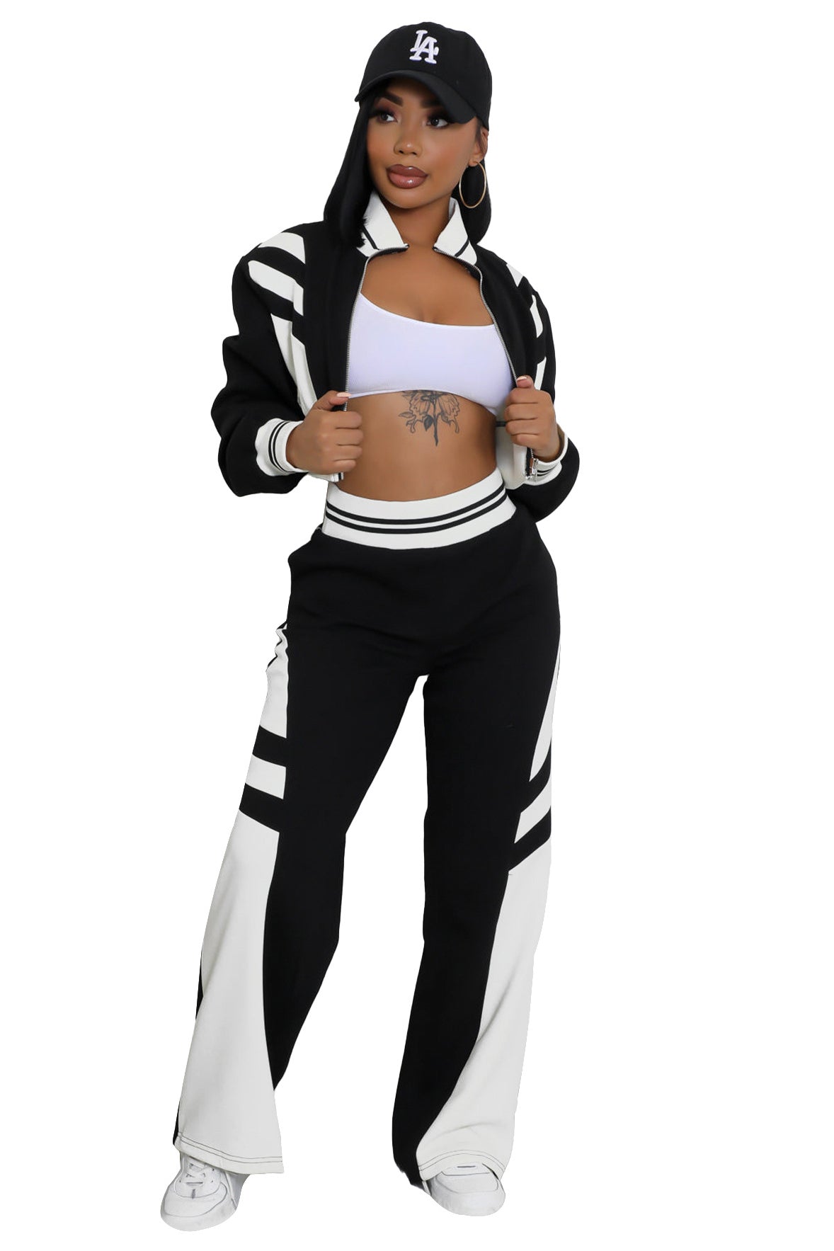 Black two-piece pant set: striped zip hoodie jacket and wide-leg pants