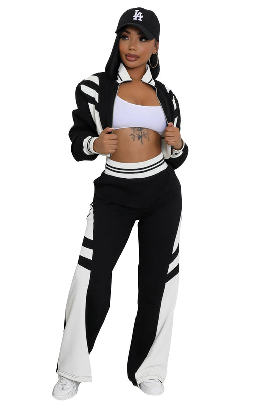 Black two-piece pant set: striped zip hoodie jacket and wide-leg pants